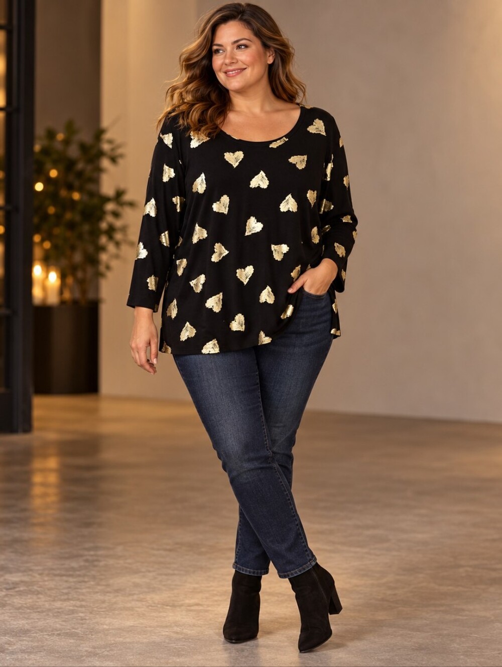 Chico’s Black Metallic Gold Heart Print Tunic Top Pullover 12-14 Chic Date Night